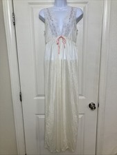 Vintage Dream Away Size M White Satin Plunge Neckline Pink Ribbon Night Gown