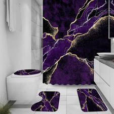 4 Pcs Purple Marble Shower Curtain Sets, Gold Cracked Lines Black Bathroom De...