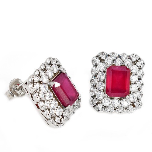 925 STERLING SILVER EARRING GENUINE BLOOD RED RUBY OCTAGON & WHITE CZ GEMSTONE - Picture 2 of 8