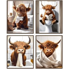 Highland Cow Bathroom Wall Art Prints, Rustic Decor, Unframed, 8X10 Inches, 4 Pc