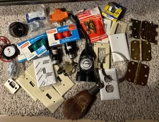 Vtg Garage Junk Drawer Lot Hinges Fixture Covers Lock Bulbs Saw Blade Outlets
