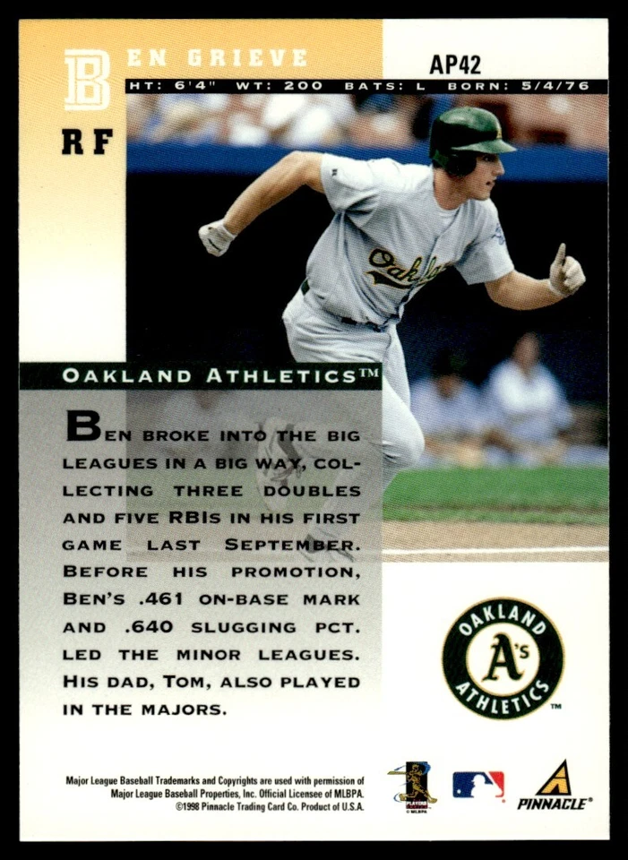 1998 Pinnacle Plus Artist's Proofs Ben Grieve Oakland Athletics #AP42 - Image 2 of 2