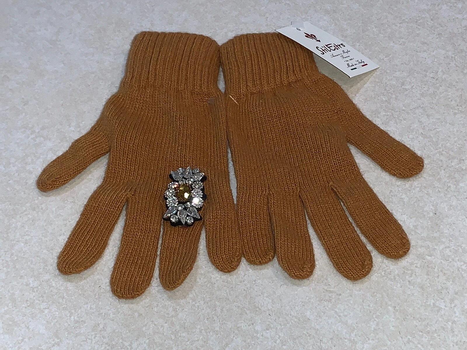 Stilestro Women’s Gloves Wool Cashmere Rhinestones Brown Made In Italy New