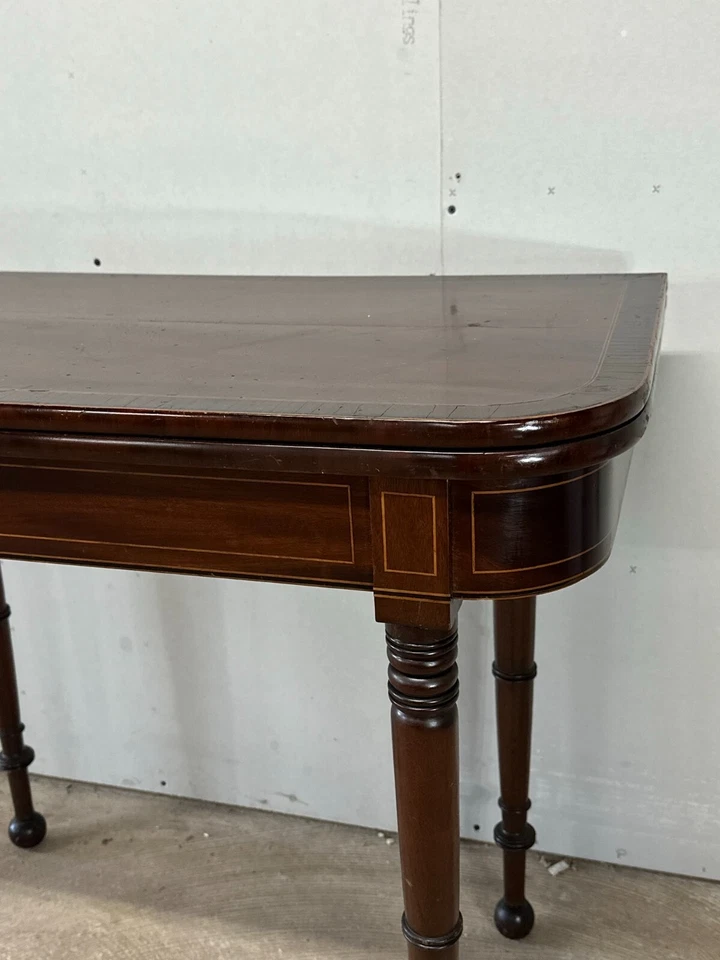 Antigua mesa de sala de juegos de cartas línea caoba incrustación 1820 federal sheraton bonita Foto 3 de 4