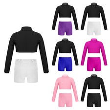 Girls Dance Training Sets Long Sleeve Crop Top High Waist Shorts Gym Yoga Ballet