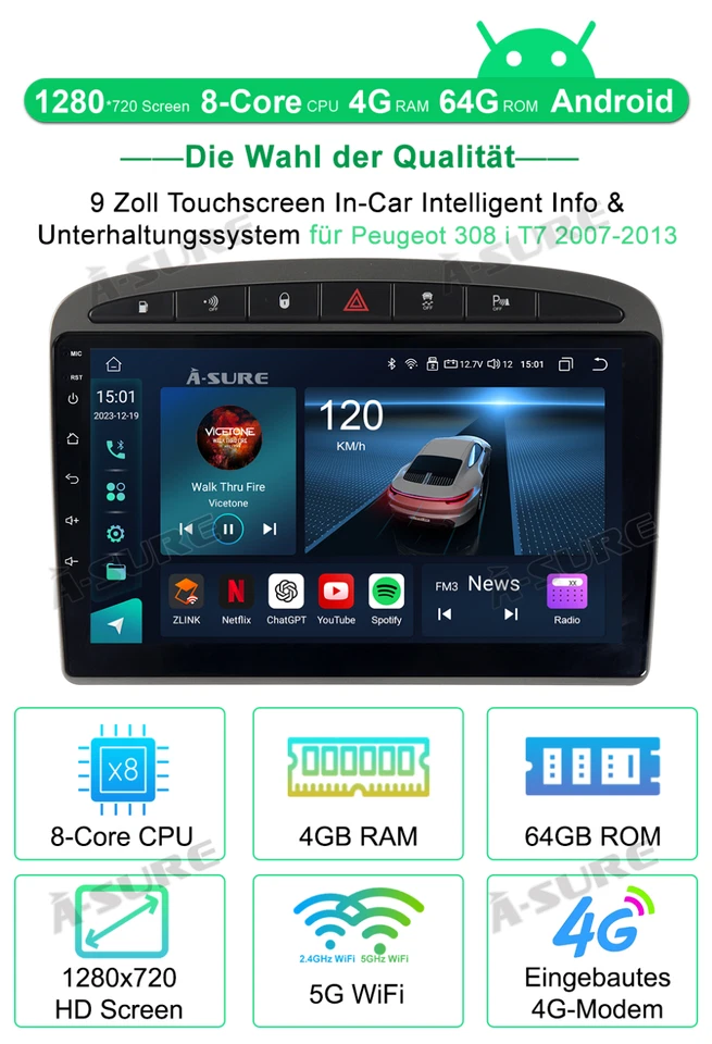 9" 4+64GB Android 14 Autoradio CarPlay GPS NAV DSP Für Peugeot 308 408 2007-2013 - Bild 2 von 4