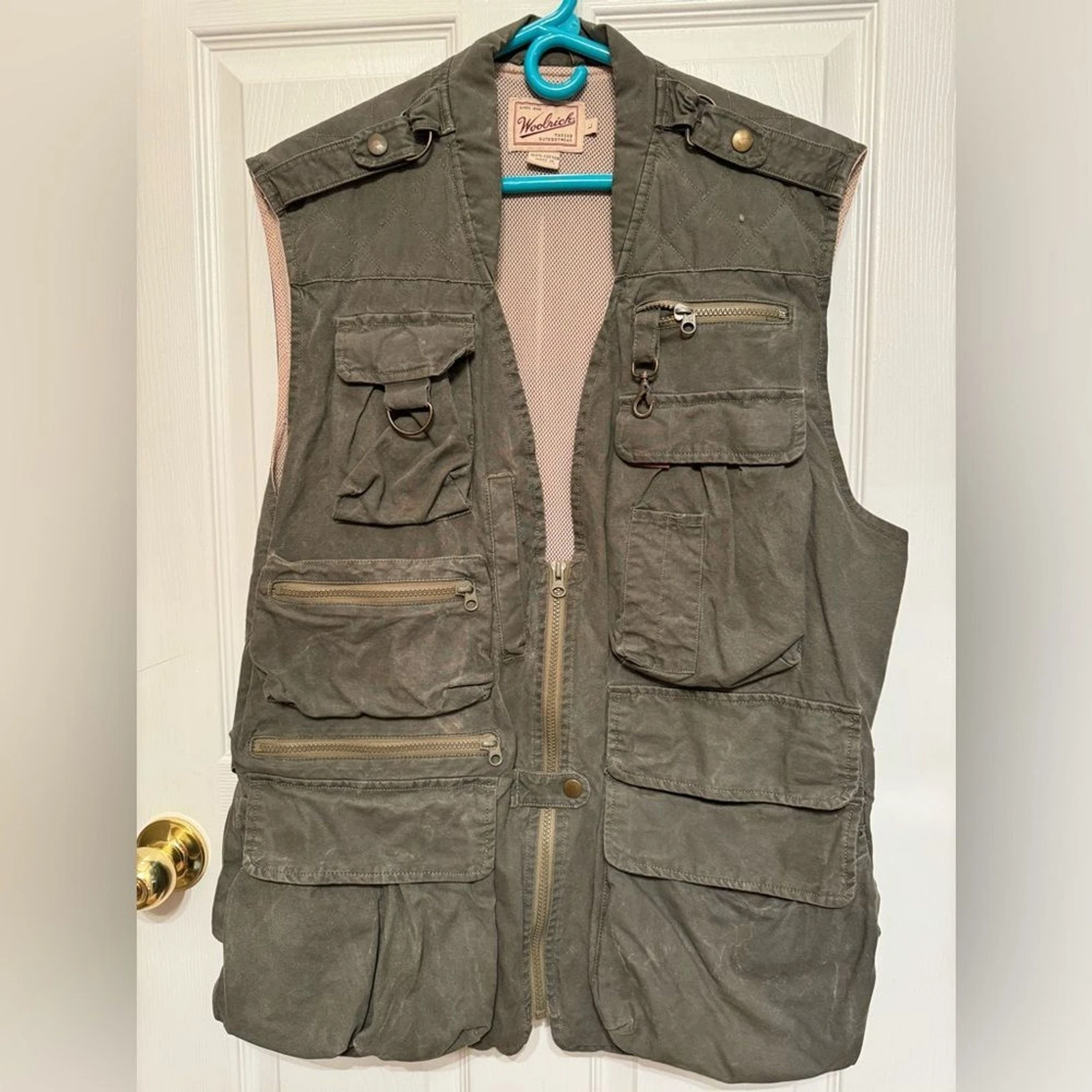 WOOLRICH L Khaki Green Olive Fly Fishing Vest Hunting Pockets Tactical Vintage