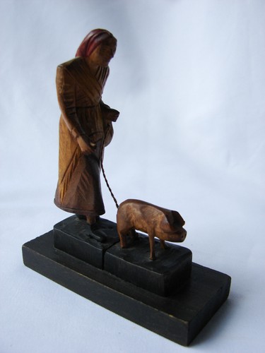 Vintage Portuguese Hand Carved + Painted Wood Figures Farmer and Pig - Picture 2 of 4