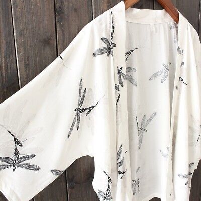 Womens Chiffon Dragonfly Print Cardigan Japanese Kimono T-shirt Blouse Top Shirt