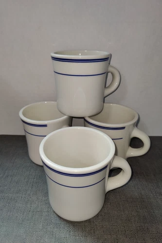 4 Homer Laughlin Coffee Mugs White/Blue Strip -Restaurant Wear-Lead Free 12 Oz