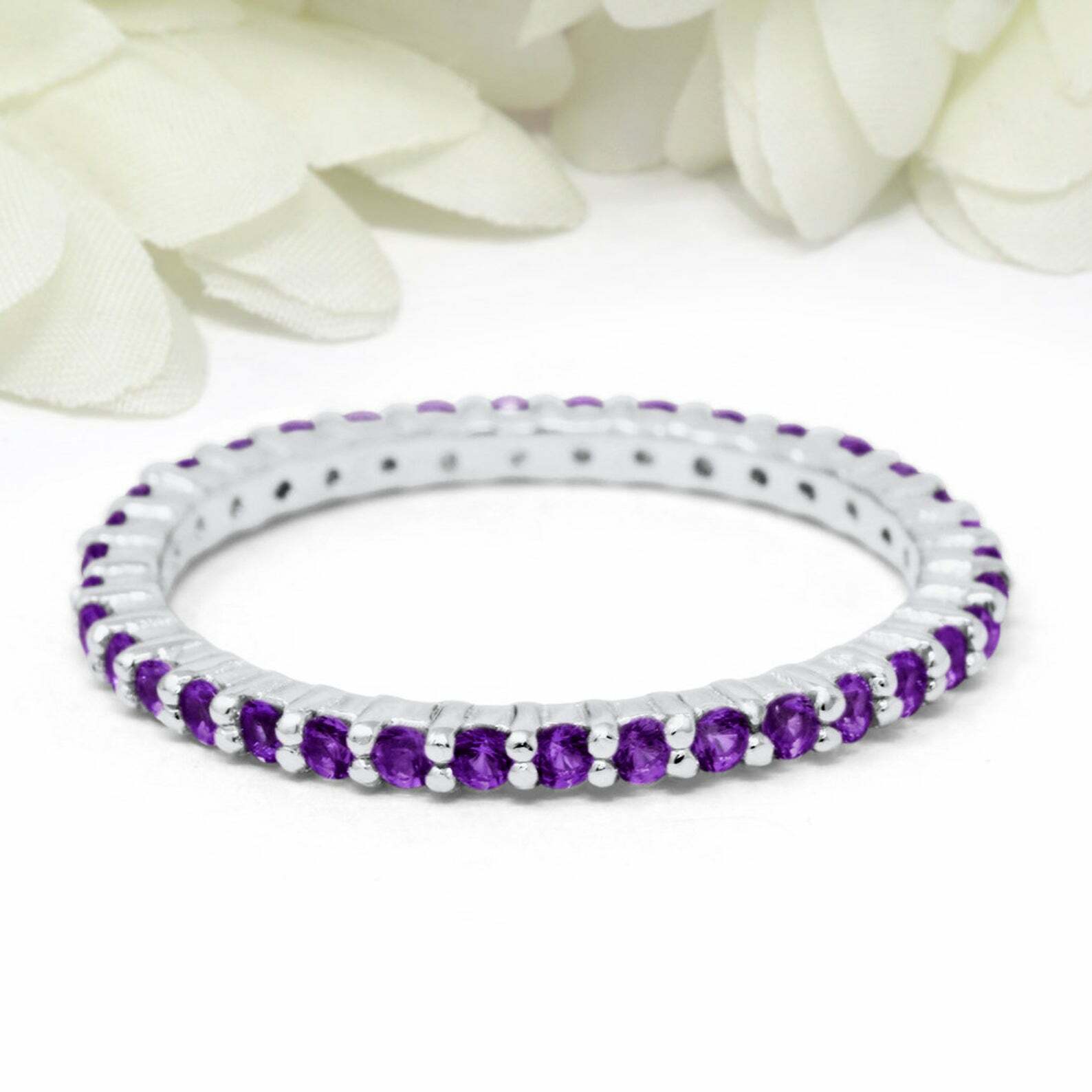 Natural Amethyst Wedding Band Ring Full Eternity Stackable 925 Sterling Silver