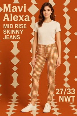 Mavi Alexa Mid Rise Skinny Jeans 27/33 NWT Brown Geometric Print Stretch