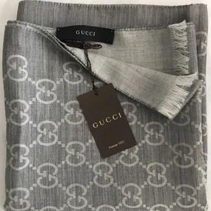GUCCI Écharpe Gris Logo Étole Laine Soie Unisexe 45x178 180 cm