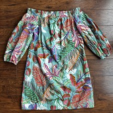 Vince Camuto Off The Shoulder Dress Sz 6 Aqua Tropical Leaf Balloon Sleeve Mini