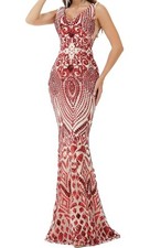 Red Sequin Mermaid Long Dress Size 14 V Neck Back NWOT
