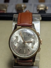 CAUNY PRIMA Gold Plated La Chaux de Fonds Vintage Chronograph. Runs Well.