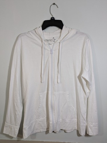 Hanes 100% White Cotton Hoodie Lightweight Zip Front Pocket Size Large - 第 1/3 張圖片