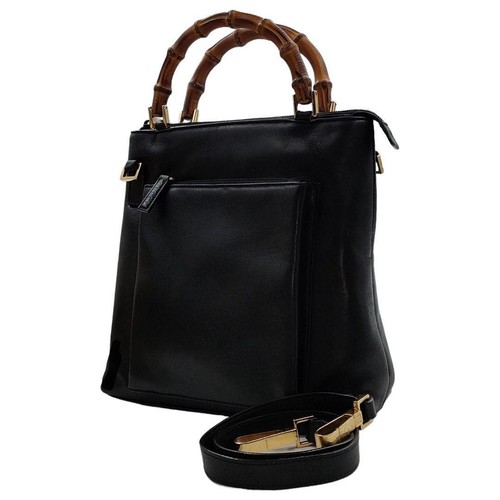 Gucci 2Way Bamboo Shoulder Bag Leather Black Pocket m2_0706
