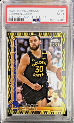 Stephen Curry 2025 Topps Chrome Basketball #201 Yellow Basketball Ref /275 PSA 9