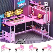 Aheaplus L Shaped Gaming Desk with Power Outlets & LED Lights, Small L- Shape...