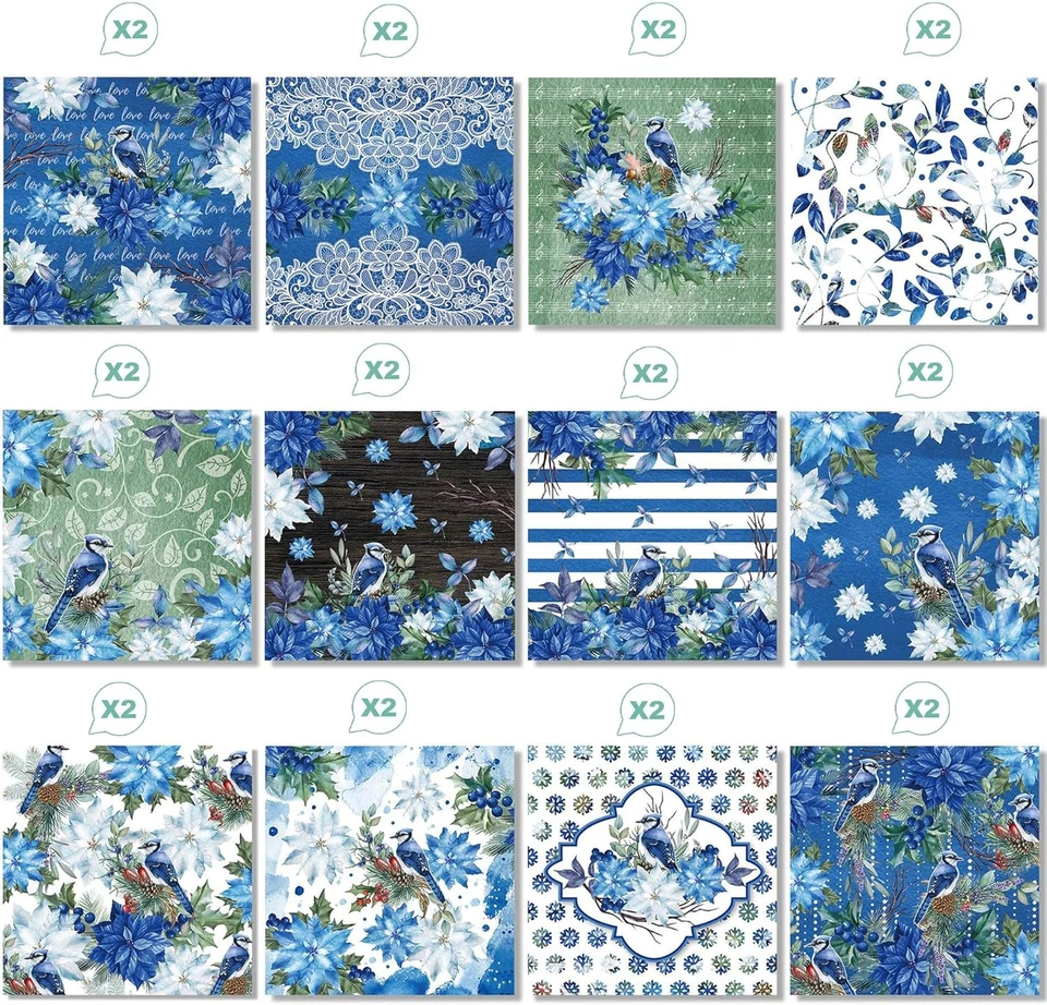 Papel para álbum de recortes floral azul 12x12 doble cara 24 hojas almohadilla para manualidades de acuarela Foto 3 de 4