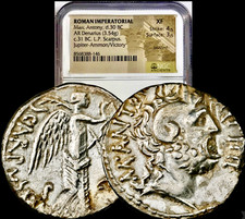 32-31 BC Marc Antony Ancient Roman Silver Denarius Coin Horn Of Ammon NGC XF
