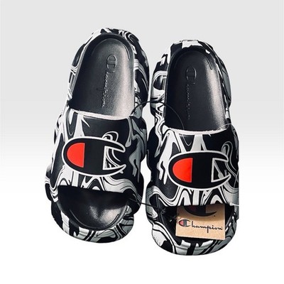 Champion Men's Abstract Logo Adjustable Slide Sandals Black White Red