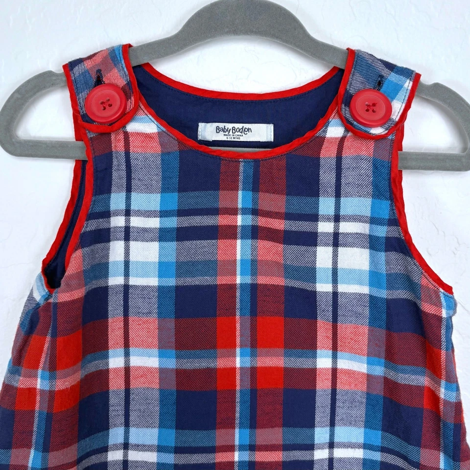 婴儿紧身红色蓝色格子连衣裙带补丁袋尺寸 6-12 个月假日 — 第 3/4 张图片