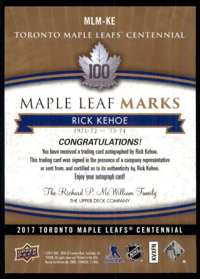 2017-18 UPPER DECK CENTENNIAL TORONTO MAPLE LEAFS MARKS AUTO RICK KEHOE #MLM-KE - Image 2 of 2