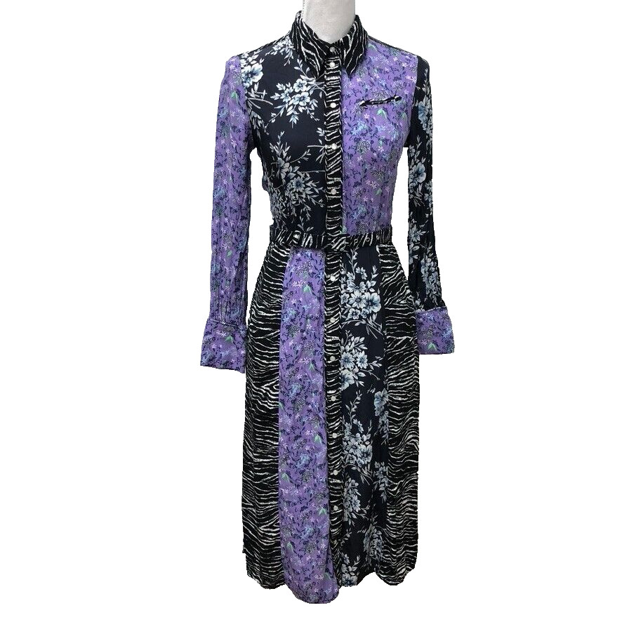 H&M Shirt Dress Womens 4 Floral Zebra Color Block Belted Artsy Whimsigoth