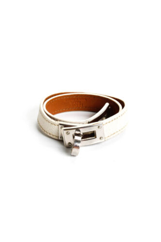 Hermes Womens Leather Gold Plated Kelly Double Tour Wrap White Bracelet - Picture 1 of 6