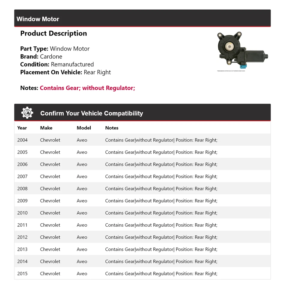 Motor ventana trasera derecha cardone 2005 2006 2007 2008 Chevrolet Aveo 2004-2015 Foto 2 de 4