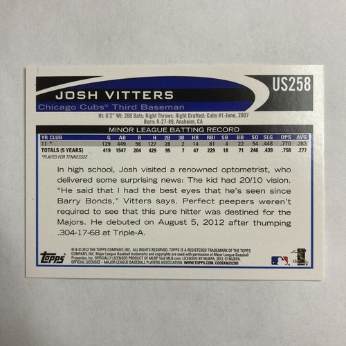 2012 Topps Mint Baseball MLB Rookie Card RC Josh Vitters Chicago Cubs US258 - Picture 2 of 2
