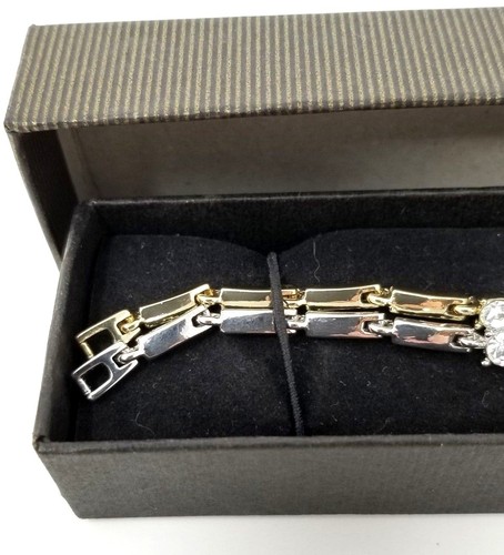 Bracelets 2 Gold tone and Silver Tone Links with Clear Rhinestones with Box - Picture 11 of 12