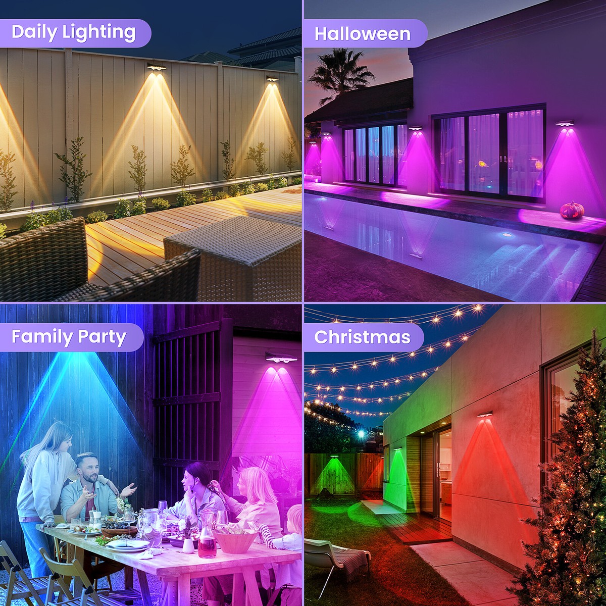 FabStyl Solar Spot Lights Outdoor – 2-Pack, Dusk-to-Dawn With Detachable Lens, RGB & Warm Modes, IP67 Waterproof, Adjustable Panel & Head