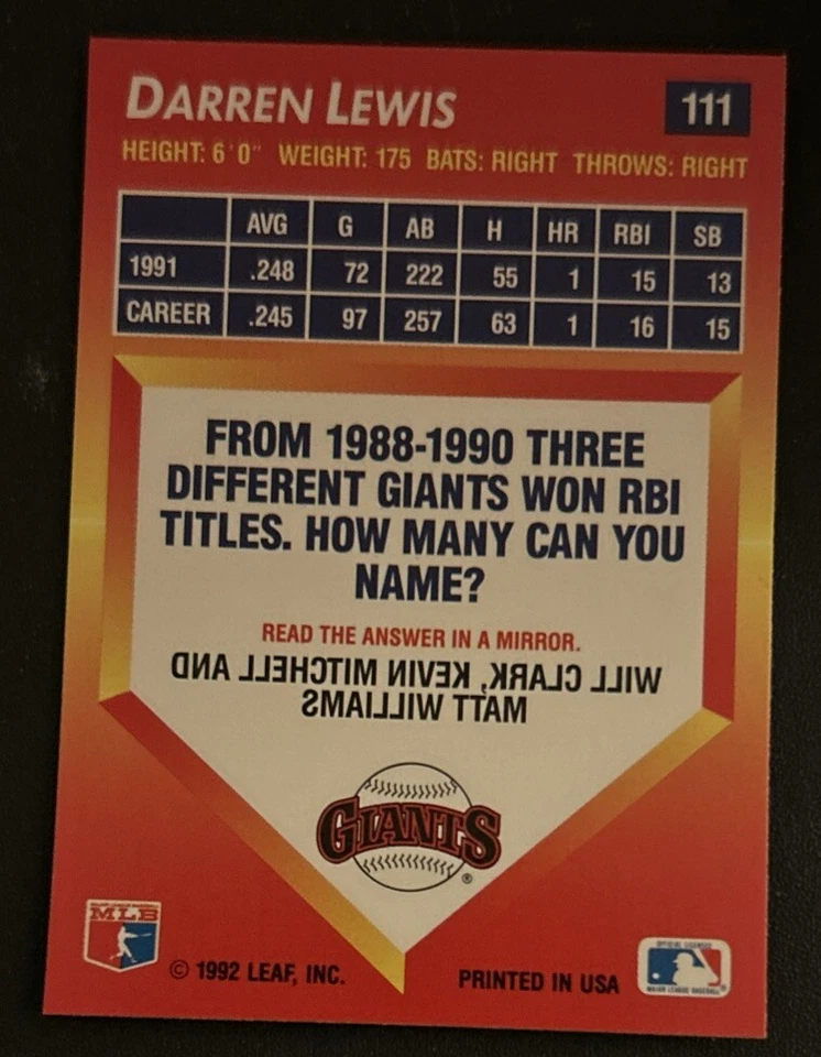 1992 Donruss Triple Play Darren Lewis Baseball Card #111 Giants OF VG O/C - Image 2 of 2