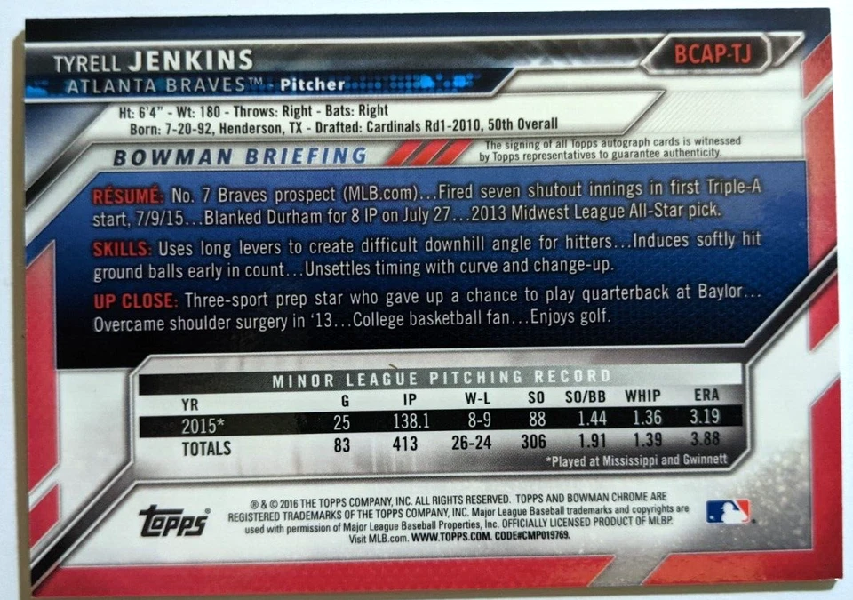 2016 BOWMAN CHROME AUTO TYRELL JENKINS (K) - Image 2 of 2