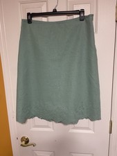 VTG CAROLE LITTLE Green Linen Blend A-line Skirt 14 Cottagecore Embroidered Hem