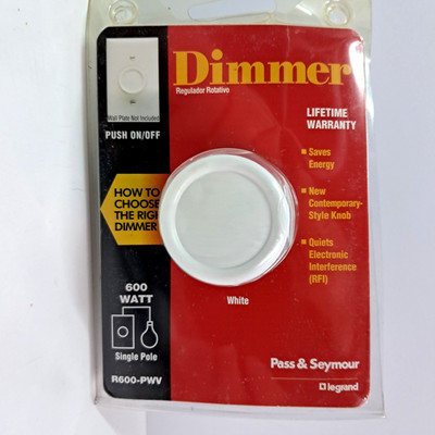 Pass & Seymour Legrand Rotary Dimmer White Push On/Off Single Pole R600-PWV NIB