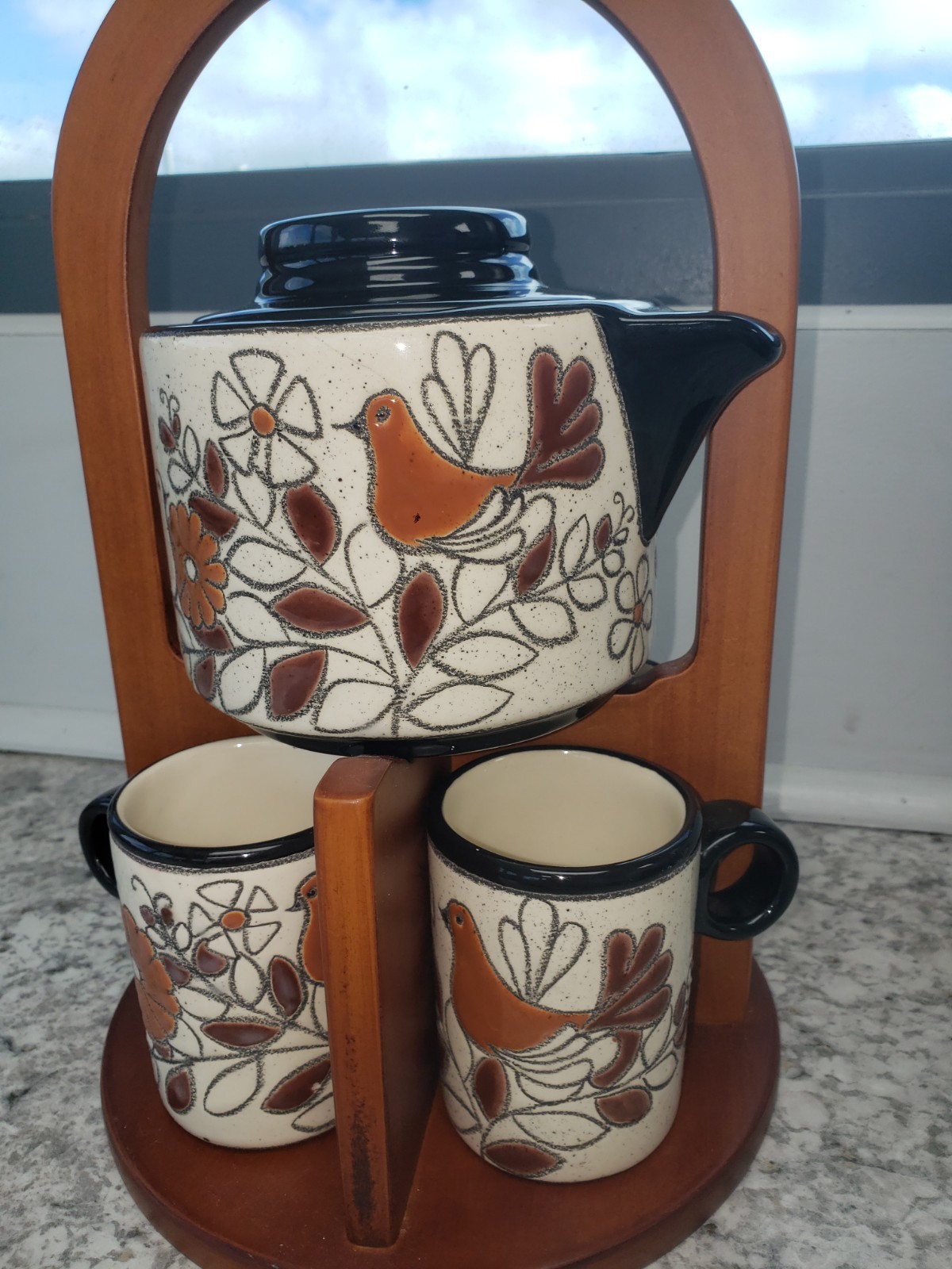 Vega By Artesa Coffee/ Tea Set With Wood Stand Handmade In Ecuador