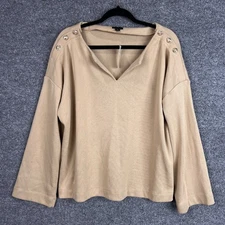 NEW Ann Taylor Women XL Beige Ribbed V Neck Button Shoulder Long Sleeve Top