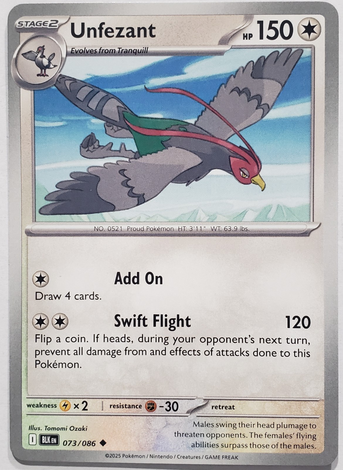 Unfezant 073/086 NM / M - Black Bolt Pokemon Card - Tomomi Ozaki Art