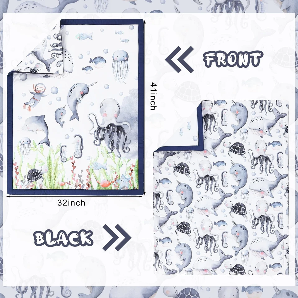 Juego de 3 piezas de ropa de cama para cuna de bebé bajo el mar océano guardería juego de cuna náutica Inc... Foto 4 de 4