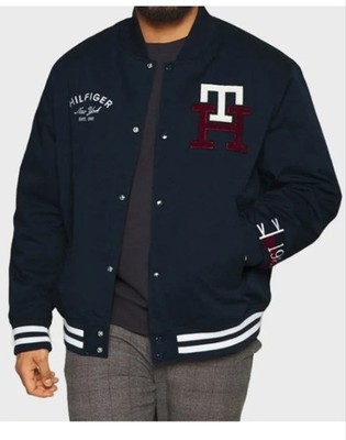 Tommy Hilfiger L Letterman Varsity University Luxe Snap Front Bomber Jacket Blue