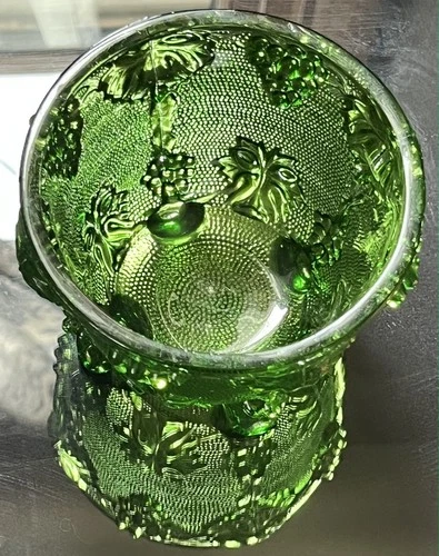 Green Jeanette Glass Footed Bowl with Harvest Grape Pattern