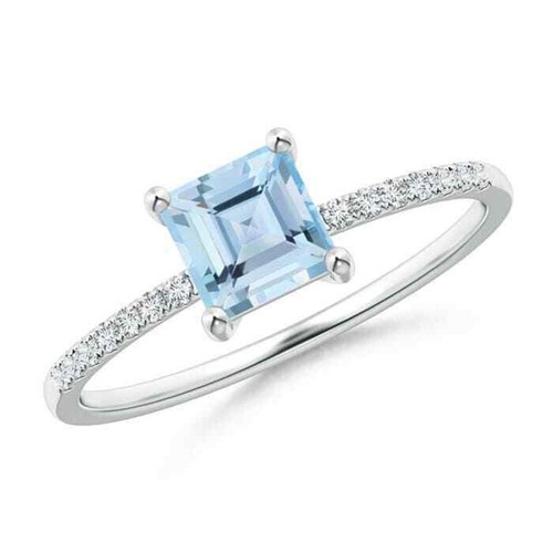 Aquamarine Stone Sterling Silver Mother Solitaire with Accents Ring Jewelry US 7