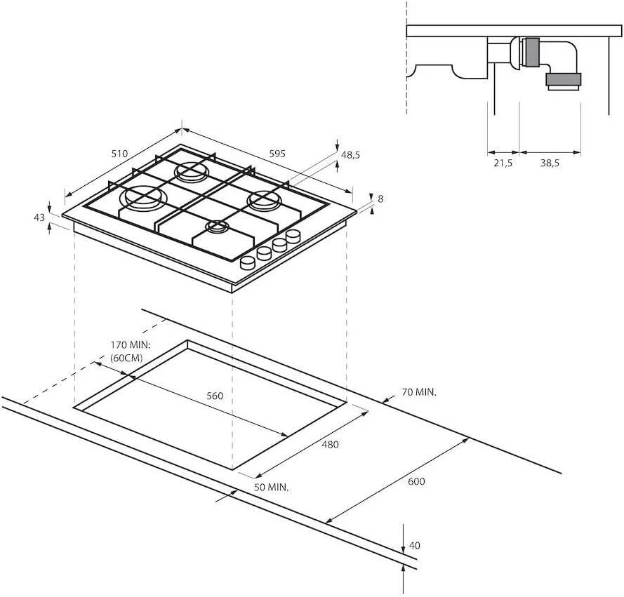 Candy CHW6LBX Piano Cottura a Gas, 4 Fuochi, da Incasso, Griglie in Metallo - Immagine 3 di 4
