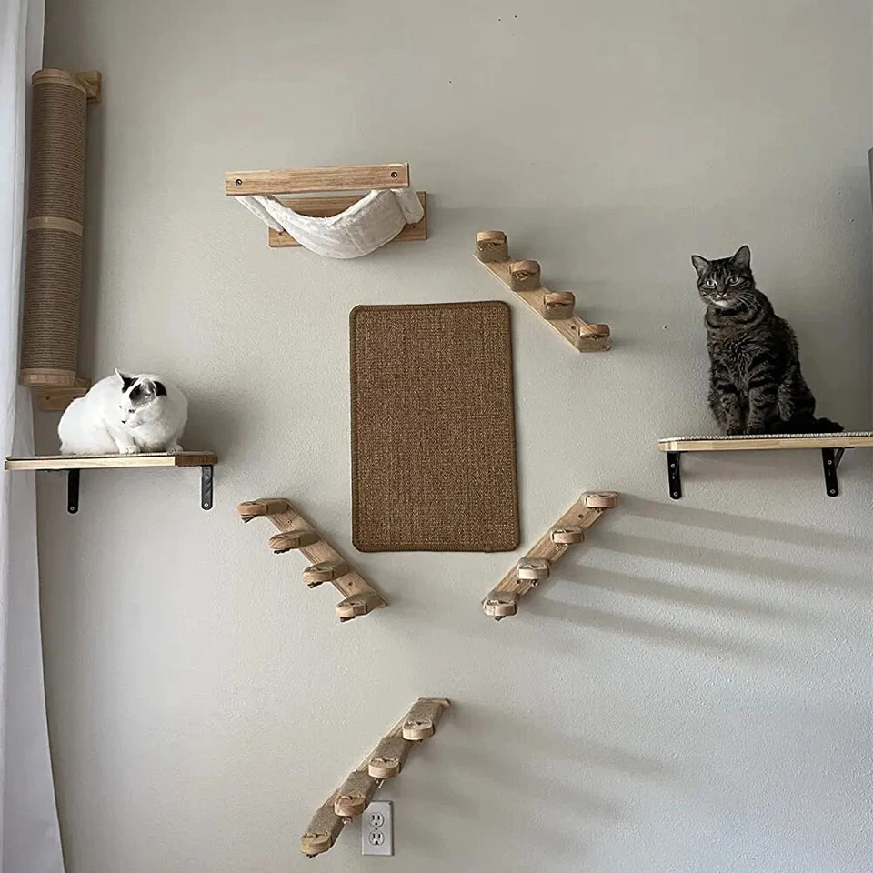 Cat Tree Wall Mounted Climbing Wooden Shelves Posts Ladders With Hammock/Bridge - Image 4 of 4