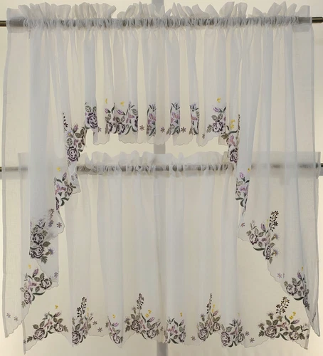 Lilac Heavily Embroidered Floral White Semi-Sheer Scallops Swag Valance or Tiers