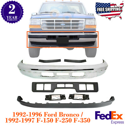 Front Chrome Bumper  + Filler Trims For 1992-1997 Ford Bronco F-150 F-250 F-350